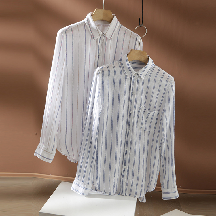 【外贸原单!经典竖条纹!】24早秋新款宽松休闲长袖薄衬衫上衣女 - 图1