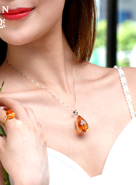 高品天然黄水晶吊坠女手工精湛银镶宝石级黄水晶项链送鉴定证书