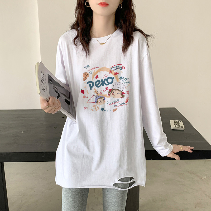 白色中长款内搭打底衫女装2025新款春秋冬季加绒破洞长袖t恤上衣