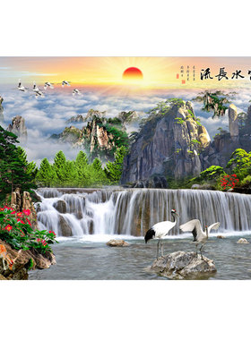 流水生财山水壁画 富水长流风景装饰画 客厅沙发背景墙自粘贴纸画