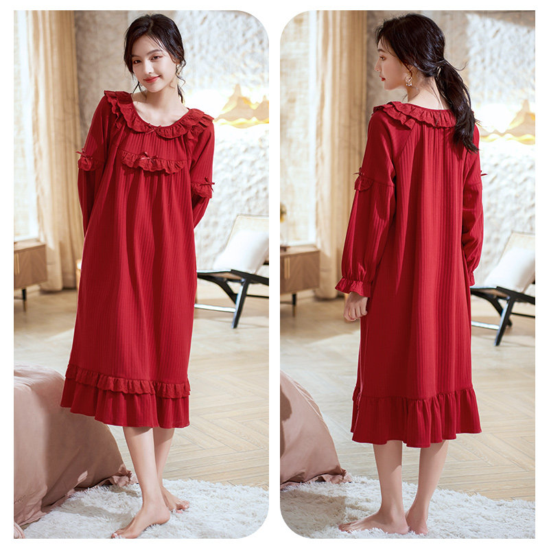 纯棉睡裙春秋季长袖红色新娘连衣裙 琳密语睡裙