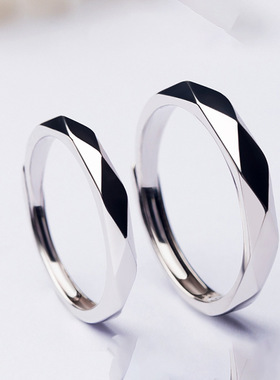 S925纯银情侣款菱形戒指男女一对日韩简约活口素圈开口冷淡风对戒