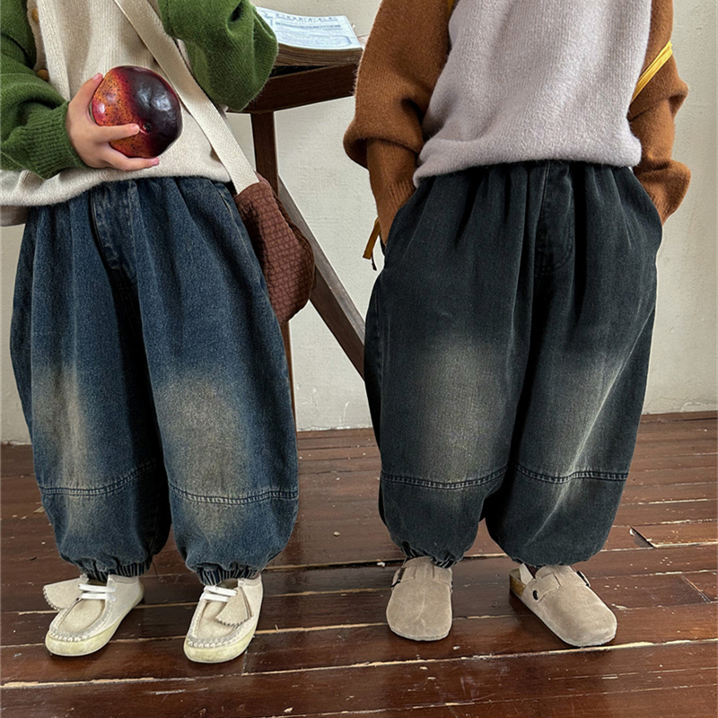 Milo7c-自制 韩国冬季儿童加绒牛仔裤男女宝宝做旧复古加厚灯笼裤