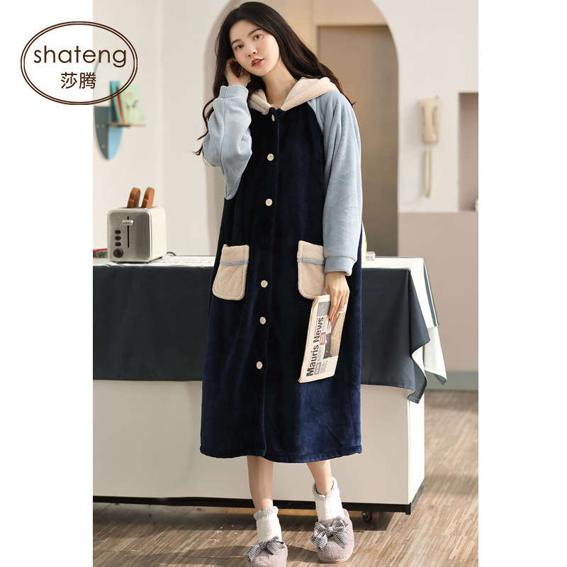 少女秋冬季珊瑚绒长款加绒连帽睡袍 莎腾睡袍/浴袍