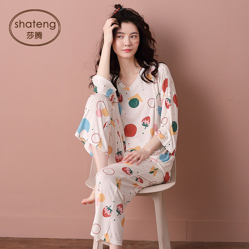 春秋款莫代尔七分袖长袖睡衣 莎腾睡衣/家居服套装