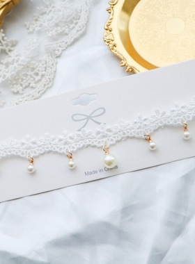 超仙百搭日韩法式饰品白色蕾丝珍珠吊坠项圈Choker锁骨链女项链