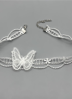纯欲风少女心白色蕾丝蝴蝶项链颈带颈链锁骨链choker夏天短款