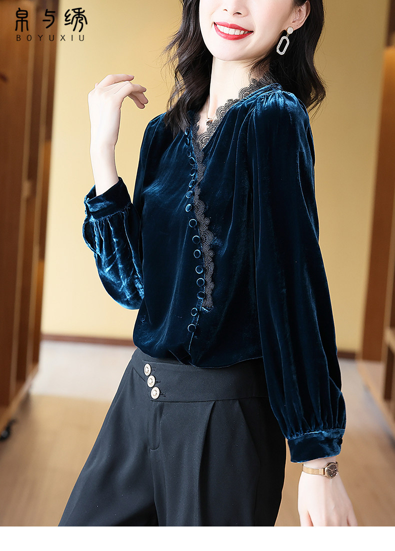 金丝绒打底2021秋冬新款高端衬衫 帛与绣T恤