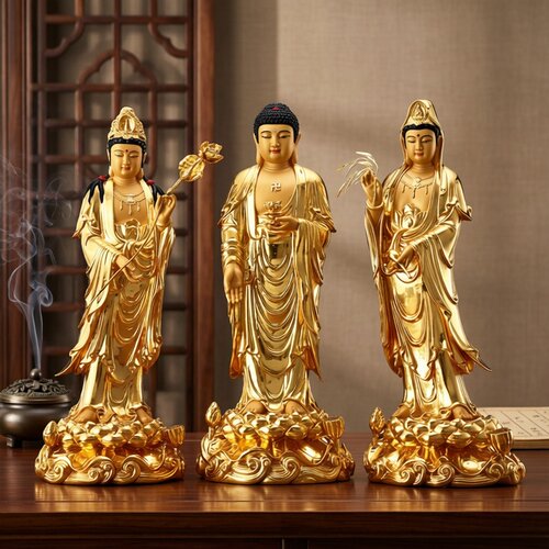 西方三圣佛像纯铜贴金阿弥陀佛站像居家供奉观音菩萨佛像客厅摆件 - 图3