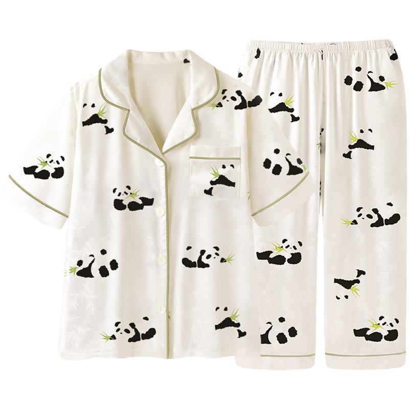 情侣夏季新款冰丝短袖长裤高级睡衣 pinksea内衣睡衣/家居服套装