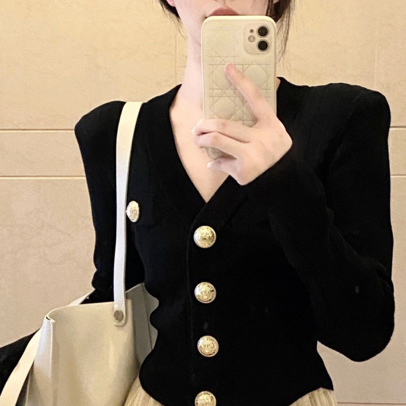 法式香风长袖针织新款针织衫外套修身毛衣气质短款开衫打底女上衣 - 图1