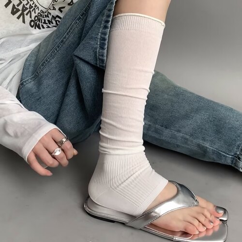 Wuuuus 灰色踩脚袜套女夏季薄款拼接中筒堆堆袜白色芭蕾风腿套长 - 图3