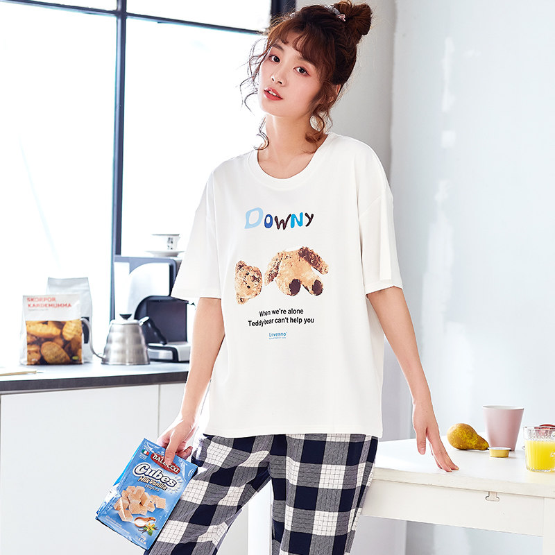 短袖夏纯棉长裤薄款两件套装睡衣 jeeyuntoo吉运兔睡衣/家居服套装