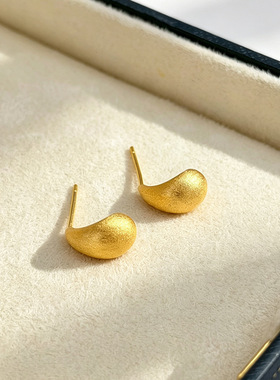 Vintage复古磨砂金水滴耳钉哑光拉丝小金豆耳饰简约轻奢通勤耳环