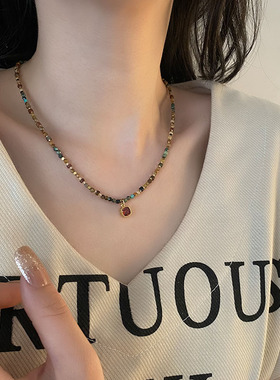 天然石手工串珠项链珍珠欧美风轻奢小众红锆石吊坠钛钢镀真金