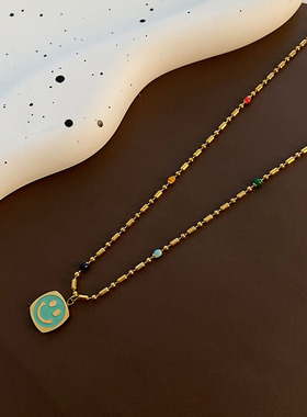 滴油蓝色精致小众笑脸吊坠钛钢不易掉色锁骨链女式画油设计项链