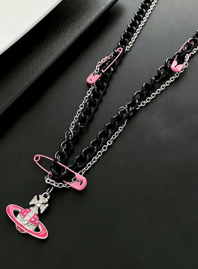 新款男小众黑色链条星球项链女冷淡风锁骨链毛衣卫衣链嘻哈感