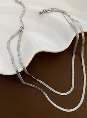 扁蛇链钛钢双层叠戴金银不易掉色项链时尚简约轻奢百搭锁骨链饰品