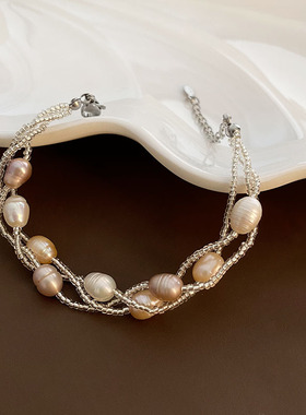 天然淡水珍珠手链三层珍珠锁骨链可叠戴气质轻奢百搭简约女生手串