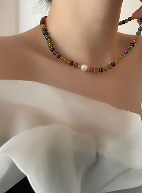 磁吸款秋冬新品天然石混色颈链简约精致项链多圈手链双用锁骨链女
