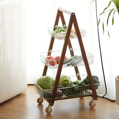 中古风实木小推车客厅可移动零食收纳架复古落地式厨房客厅置物架 - 图3