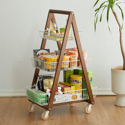 中古风实木小推车客厅可移动零食收纳架复古落地式厨房客厅置物架 - 图0