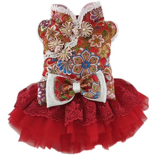 Частная рука для домашних животных -Сделано гексагональное цветочное питомец Cheongsam Teddy Mear Beauty Cat Dog Dog Одежда Осенняя и зимняя тепло