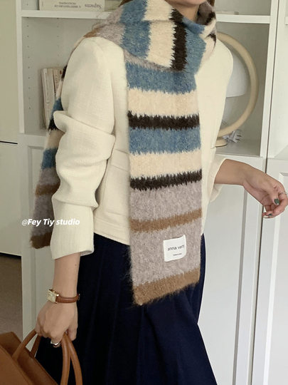 High-end color-blocked striped scarf for autumn and winter women's warm and thickened korean style versatile atmosphere imitation cashmere wool scarf