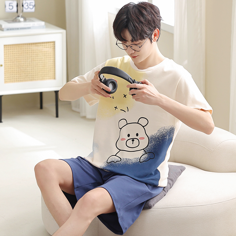 男士男款夏季纯棉短袖100%天睡衣 雅模派对睡衣/家居服套装