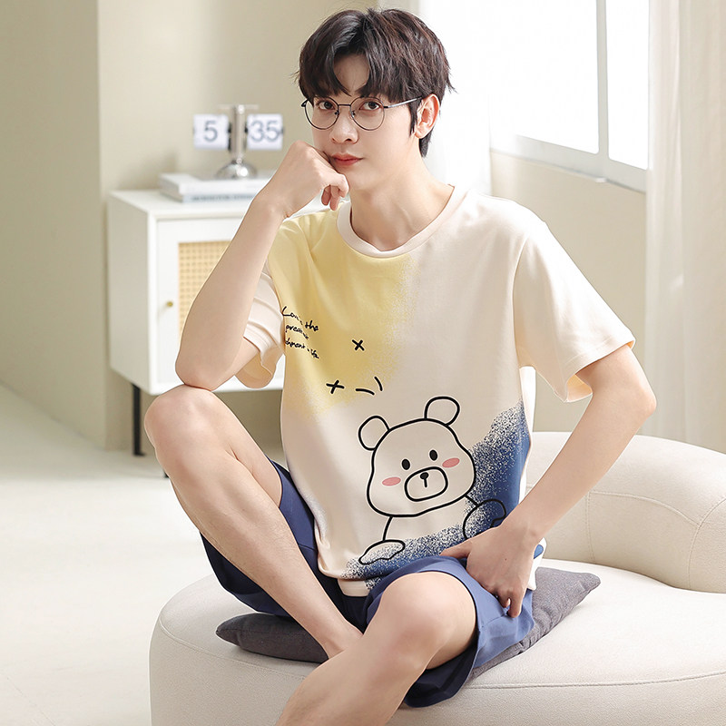 男士男款夏季纯棉短袖100%天睡衣 雅模派对睡衣/家居服套装