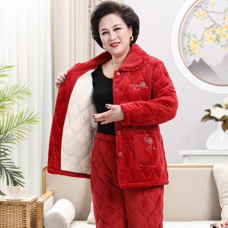 秋冬季加绒中老年人妈妈珊瑚绒夹棉 尊凡世家睡衣/家居服套装