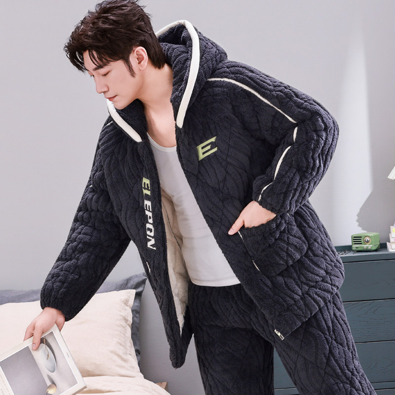 2025连帽新款秋冬季男士睡衣加厚加绒珊瑚绒三层夹棉家居服冬天款,淘宝优惠券,粉丝福利购,淘宝优惠卷