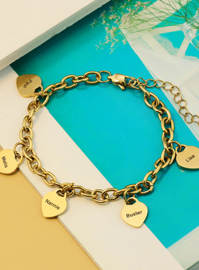 Customized bracelet 刻字小桃心金色个性手镯不锈钢可刻字手链送