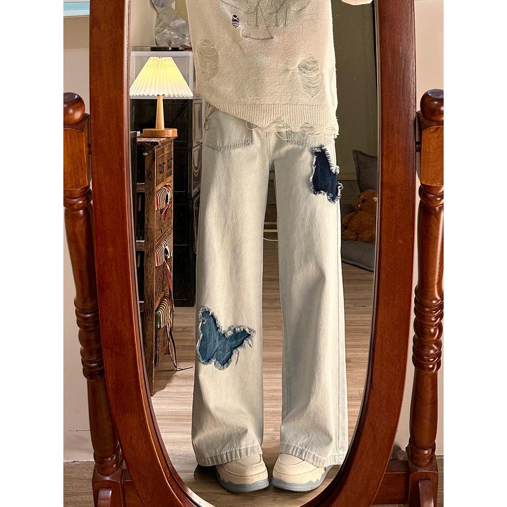浅蓝色蝴蝶毛边牛仔裤女大码胖mm高腰阔腿裤子梨形身材遮胯拖地裤-图1