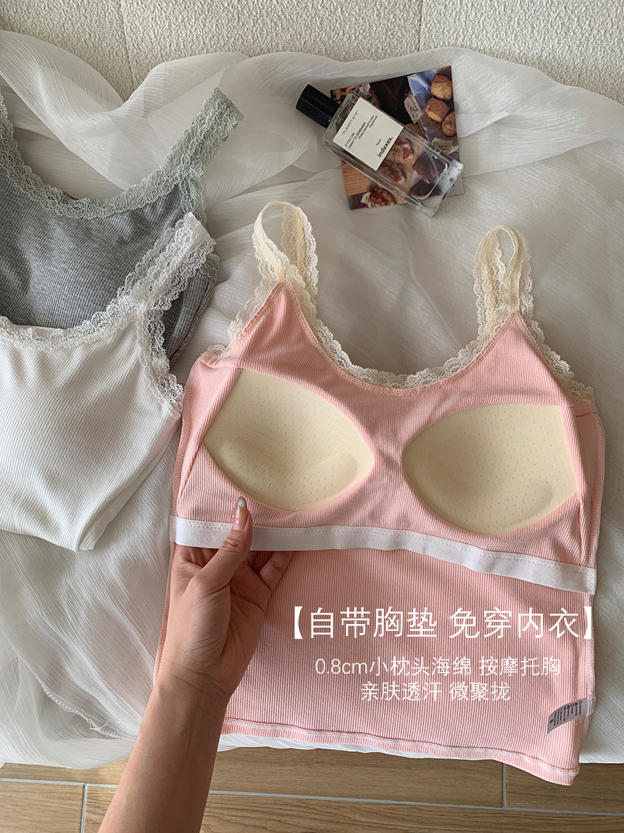 OllaBra 2件减30纯欲蕾丝露背吊带女带胸垫内搭外穿内衣短款背心 - 图2