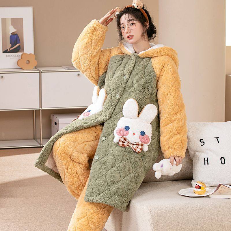 冬季加厚加绒三层夹棉保暖睡衣两件套男女可爱卡通黄兔兔连帽睡袍,淘宝优惠券,粉丝福利购,淘宝优惠卷