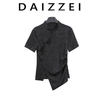 DAIZZEI~ແບບຈີນແບບຈີນແບບໃໝ່ແບບຈີນກະໂປງເສື້ອຍືດແຂນສັ້ນຂອງແມ່ຍິງລະດູຮ້ອນ ໃໝ່ ທີ່ບໍ່ສະຫມໍ່າສະເຫມີ pleated slit ເທິງ ins