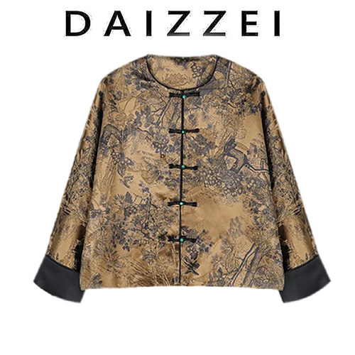 DAIZZEI~网红同款新款国风圆领系扣提花刺绣卷边袖高级感显瘦外套 - 图2