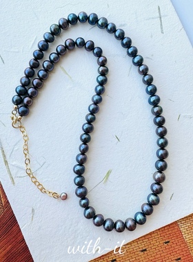 with it淡水珍珠项链男女同款长珠串黑色意大利复古风叠戴191