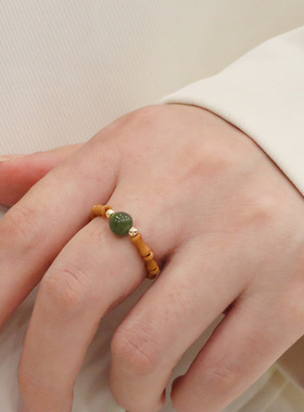 进口天然竹节橄榄核戒指菩提和田玉猫爪弹力指环竹节古风