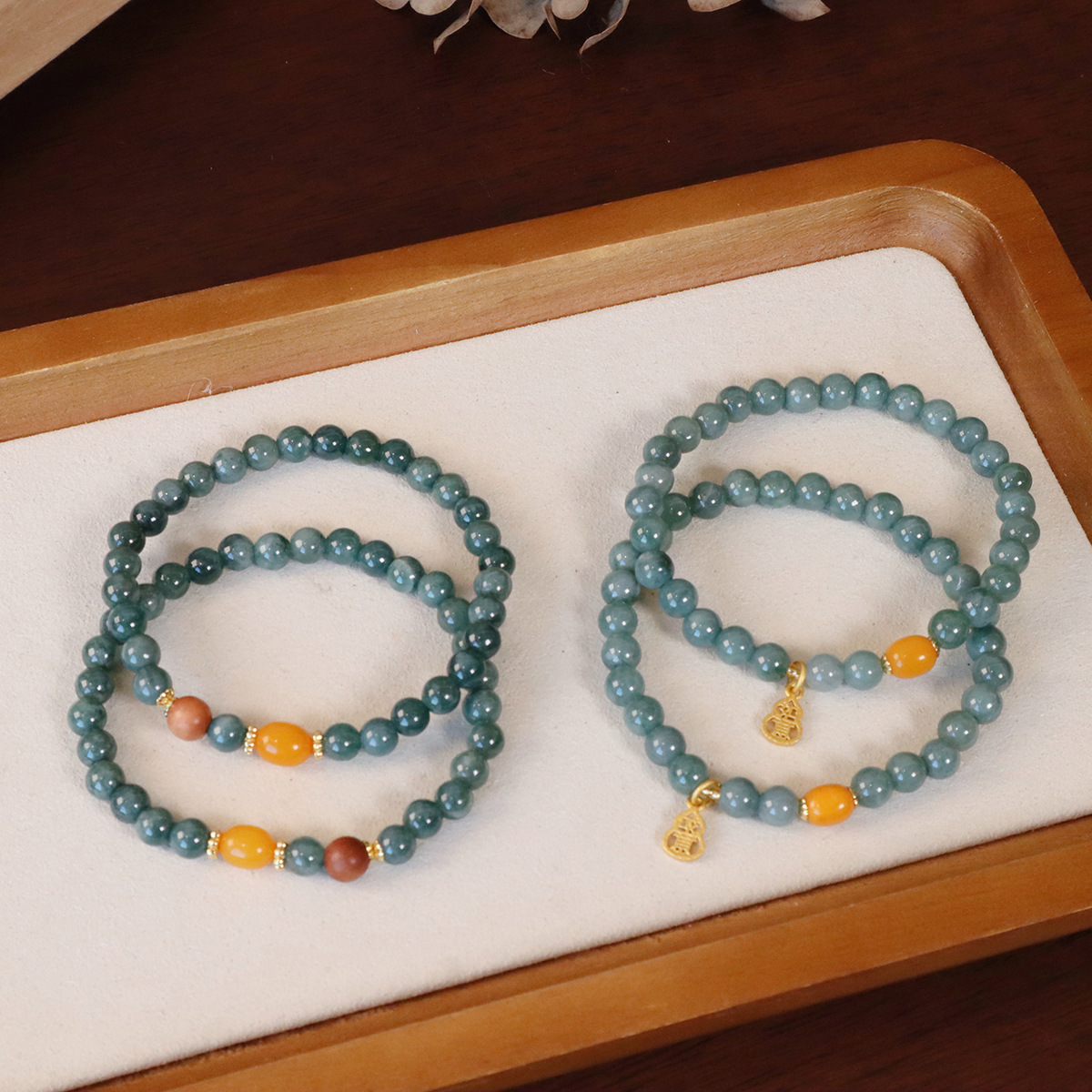 进口天然蓝水翡翠圆珠手串搭配蜜蜡简约高级感新中式手饰品手链 - 图2