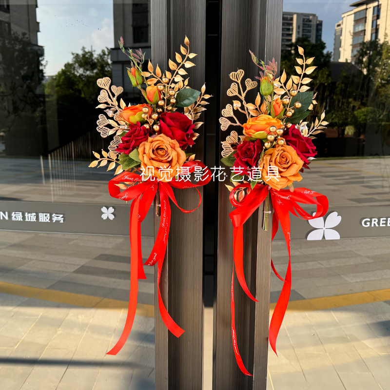 楼盘交付交房商铺开业楼栋单元玻璃大门入户门把手花仿真花艺装饰 - 图2