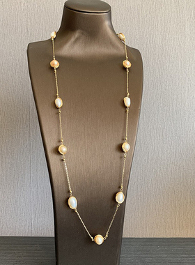 春新款天然珍珠14k注金保色纯手工绕线长项链百搭毛衣链