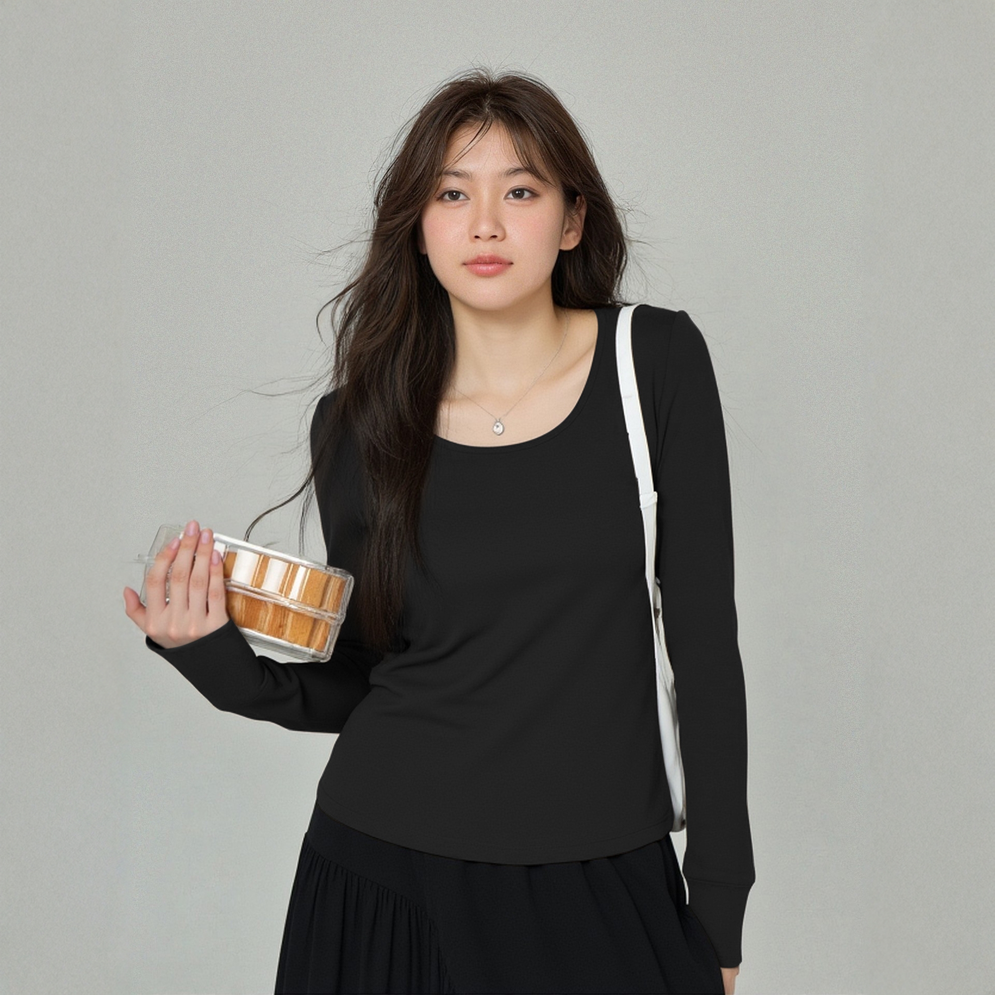 胖妹妹大领口加绒上衣200斤胖MM秋冬外穿正肩美拉德色针织打底衫 - 图0