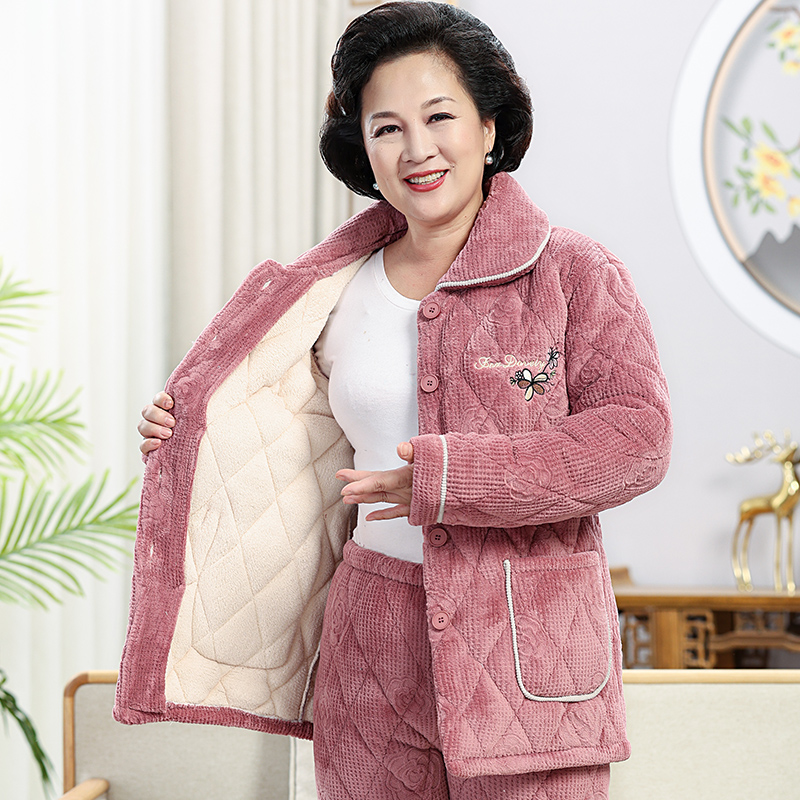 女士秋冬季棉袄睡衣中老年人三层加厚加珊瑚绒保暖妈妈套装家居服