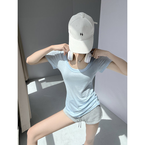 基础款休闲大U领宽松T恤女夏薄款正肩短袖白色设计感小众显瘦上衣 - 图1