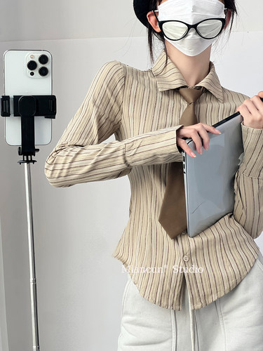 美拉德穿搭条纹肌理感收腰衬衫女轻熟小众学院风刺绣修身长袖上衣 - 图1