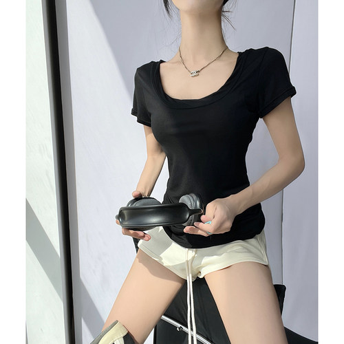 基础款休闲大U领宽松T恤女夏薄款正肩短袖白色设计感小众显瘦上衣 - 图2