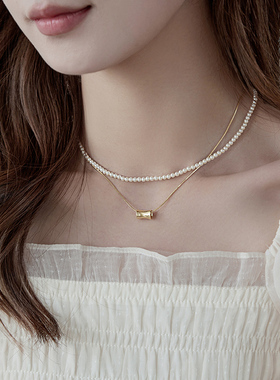 双层珍珠金属项链小众气质颈链
