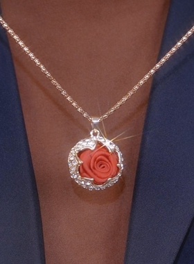 秋冬长款毛衣链女红色玫瑰花项链